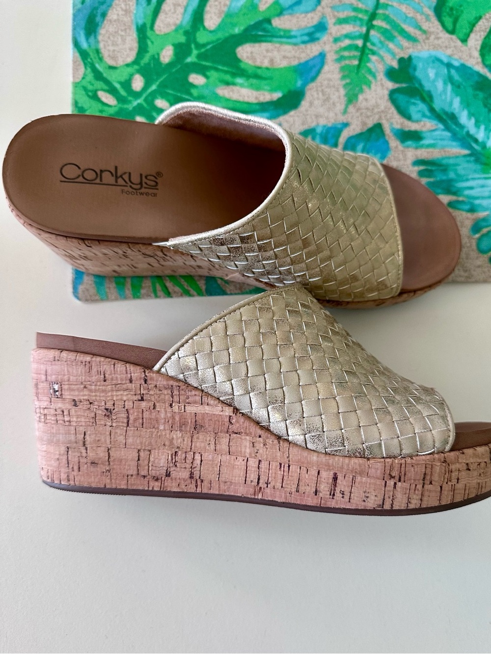 Corkys Metallic Woven Cork Wedge Slides - Gold